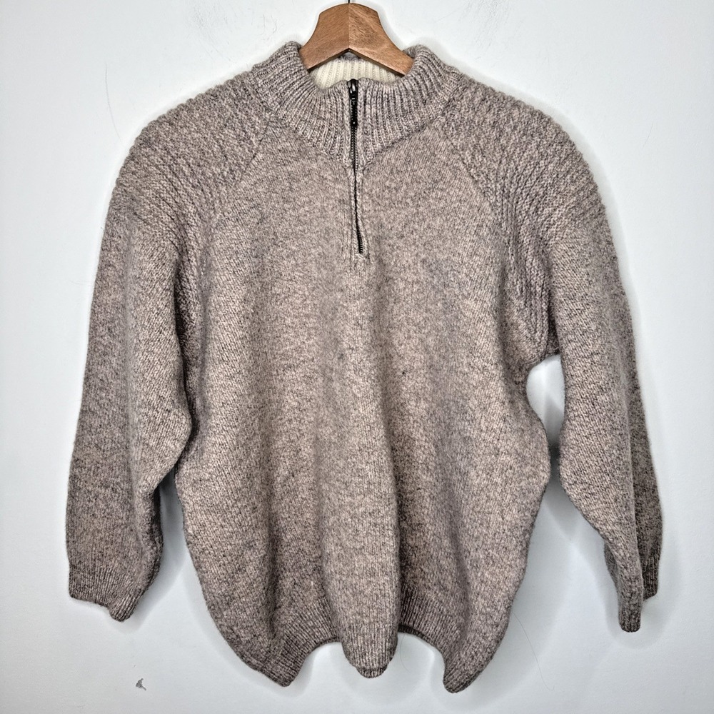 Aran Sweater Market 100% Merino Wool Ireland Fisherman Quarter Zip Men's S Beige
